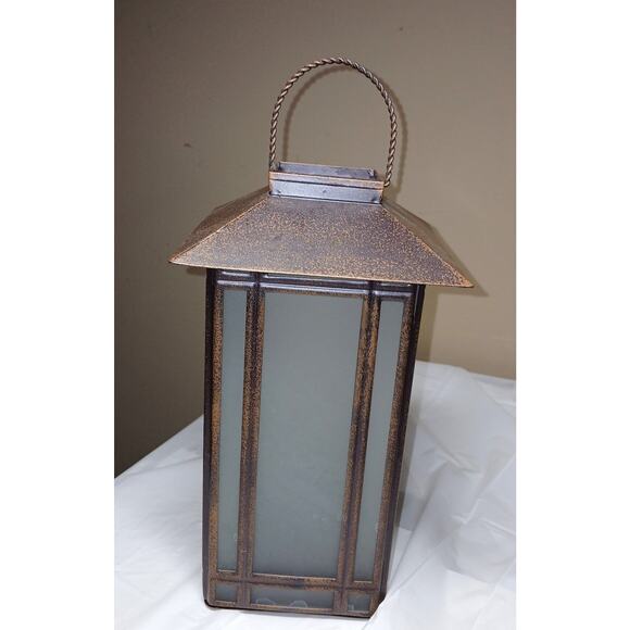 13" Brown Over Copper Lantern with Frosted Glass Panels (Candle Not Included) - Picture 1 of 8